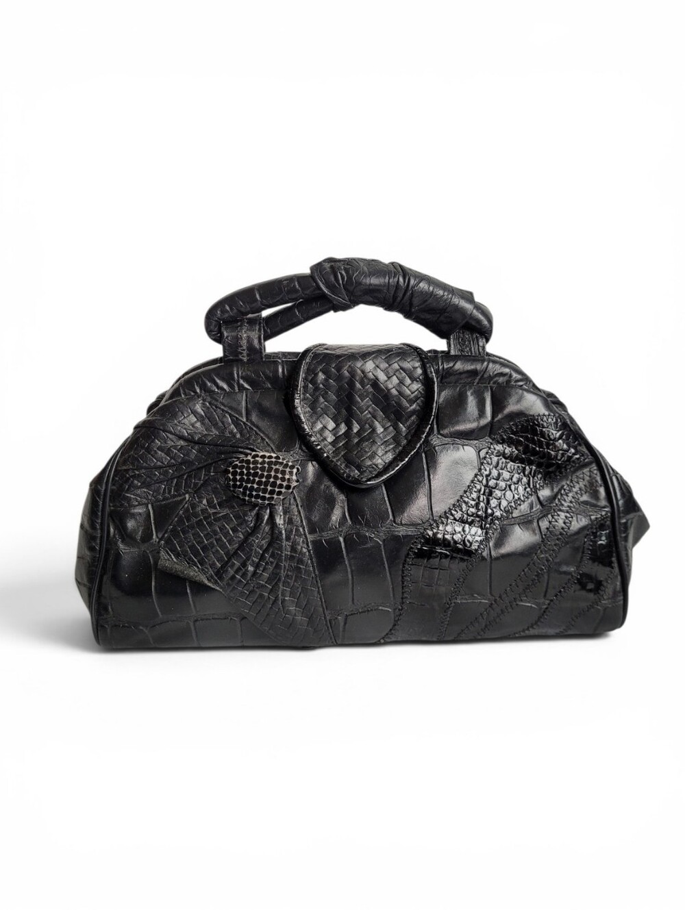 Vintage Gothic Patchwork Leather Doctor Bag With Strap Whimsigoth 80s Black